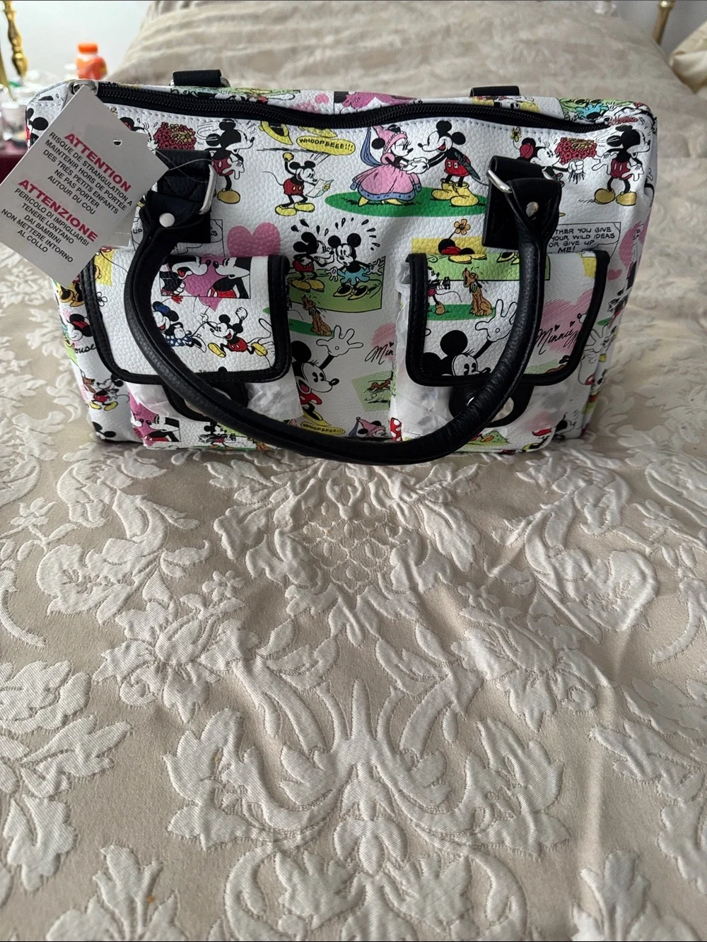 Disney White Satchel with Black Handles and Multi-Color Cartoon Print